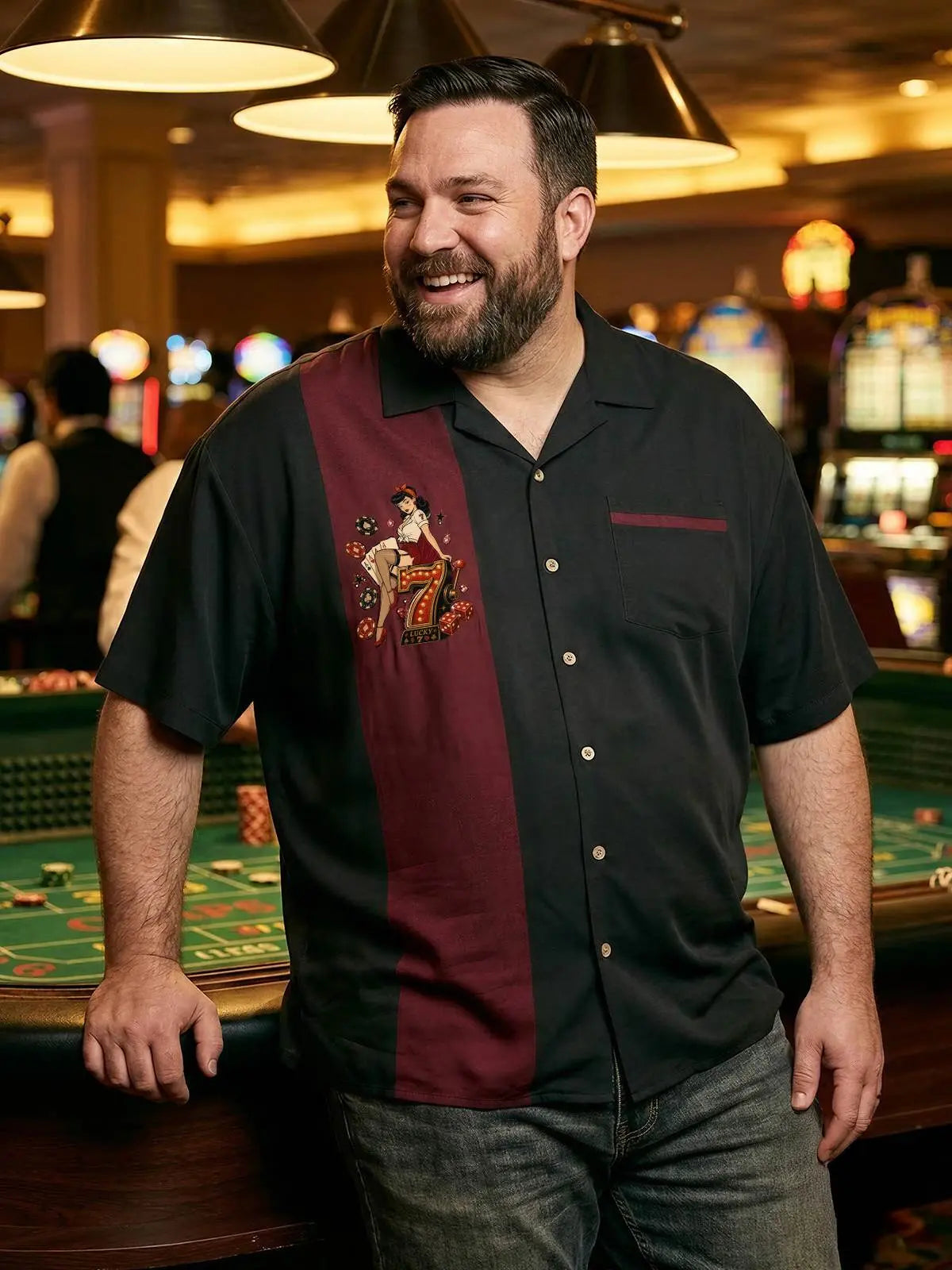 Men's Pin-Up Poker Chip Panel Bowling Short Sleeve Shirt ElevenOasis