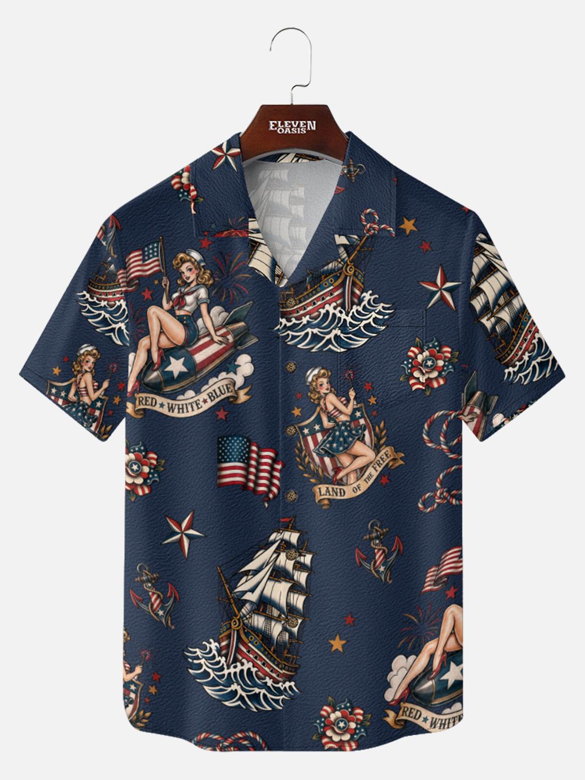Tall Men's Patriotic Pin-Up Nautical Short Sleeve Shirt Eleven Oasis