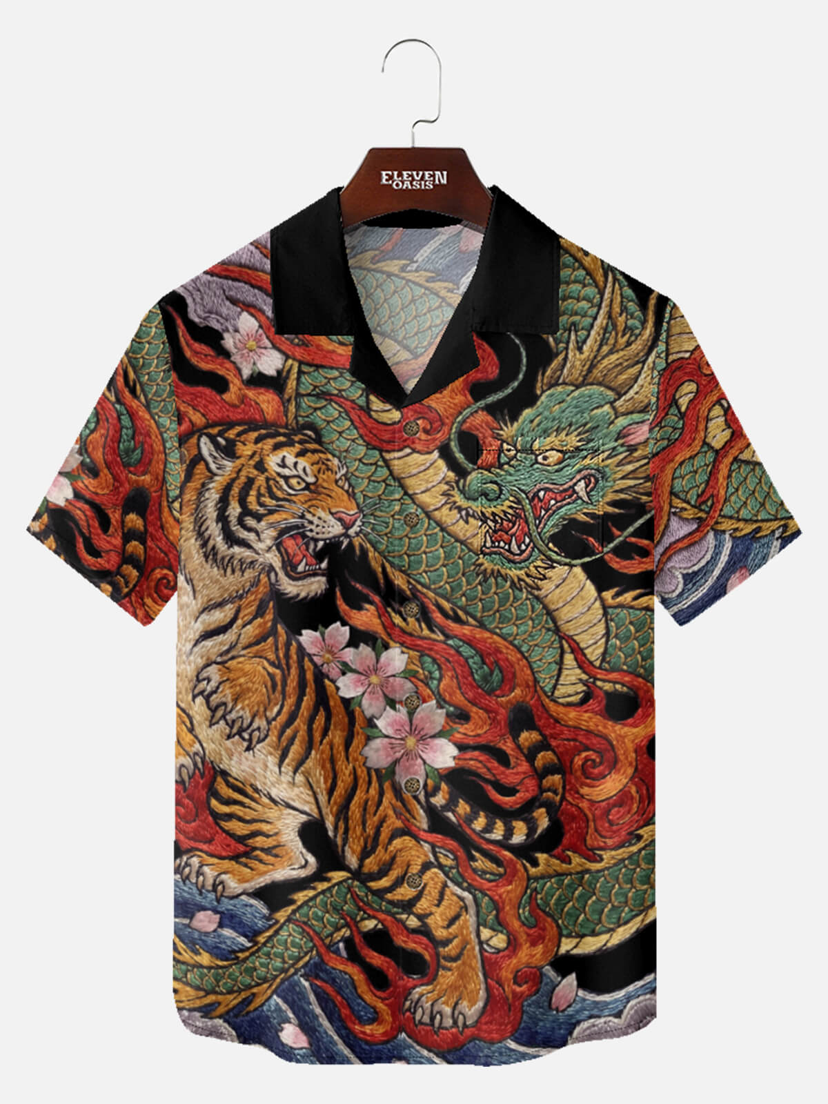 Tall Men's Japanese Tiger & Dragon Battle Short Sleeve Shirt Eleven Oasis