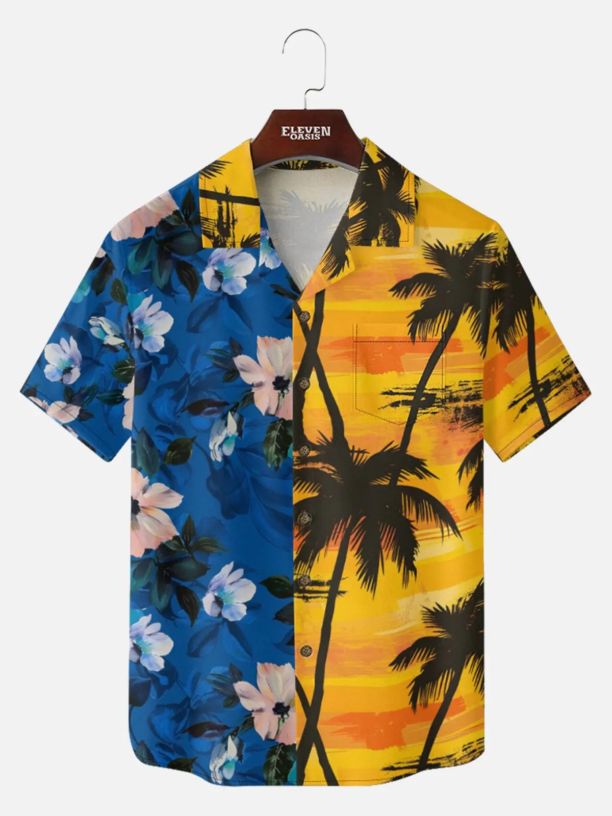 Men's Split Floral Palm Sunset Camp Collar Short Sleeve Shirt Eleven Oasis