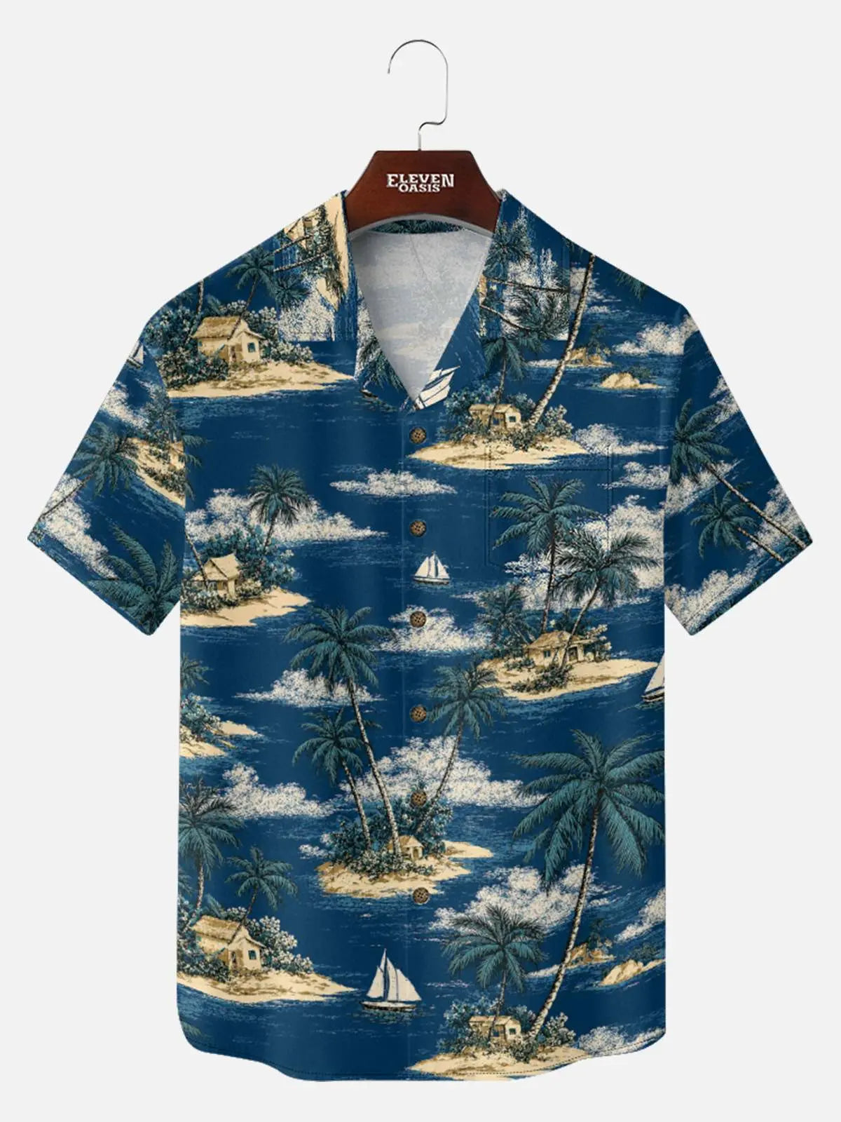 Tall Men's Tropical Island Sailboat Camp Collar Short Sleeve Shirt Eleven Oasis