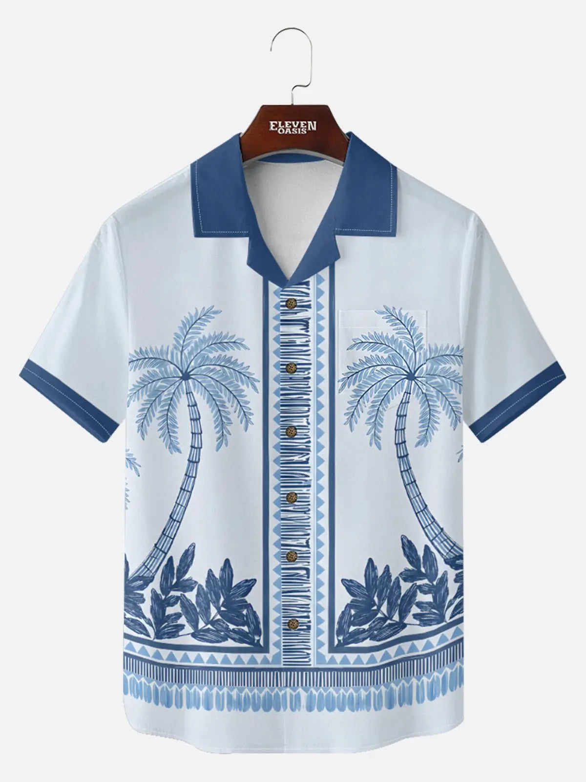 Tall Men's Blue Palm Tile Panel Short Sleeve Shirt ElevenOasis