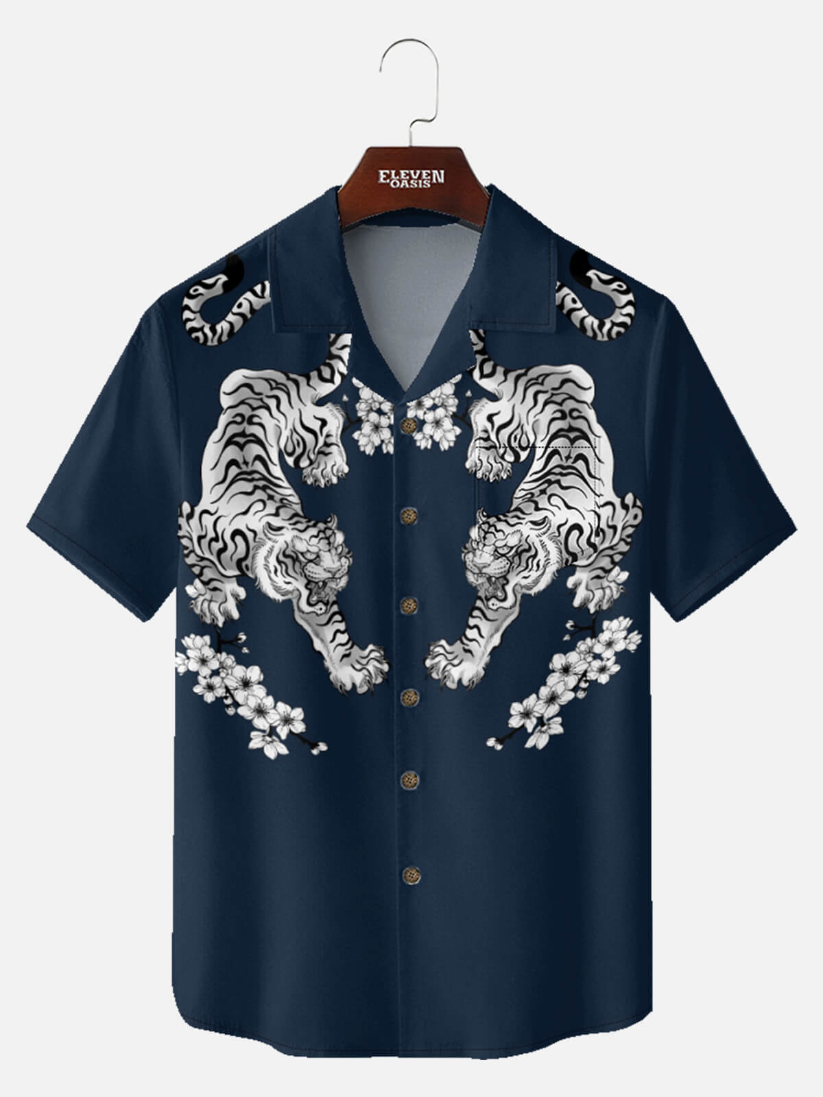 Men's Japanese White Tiger & Sakura Short Sleeve Shirt Eleven Oasis