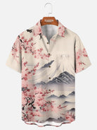 Men's Japan-Inspired Mt Fuji and Cherry Blossoms Short Sleeve Casual Shirt?