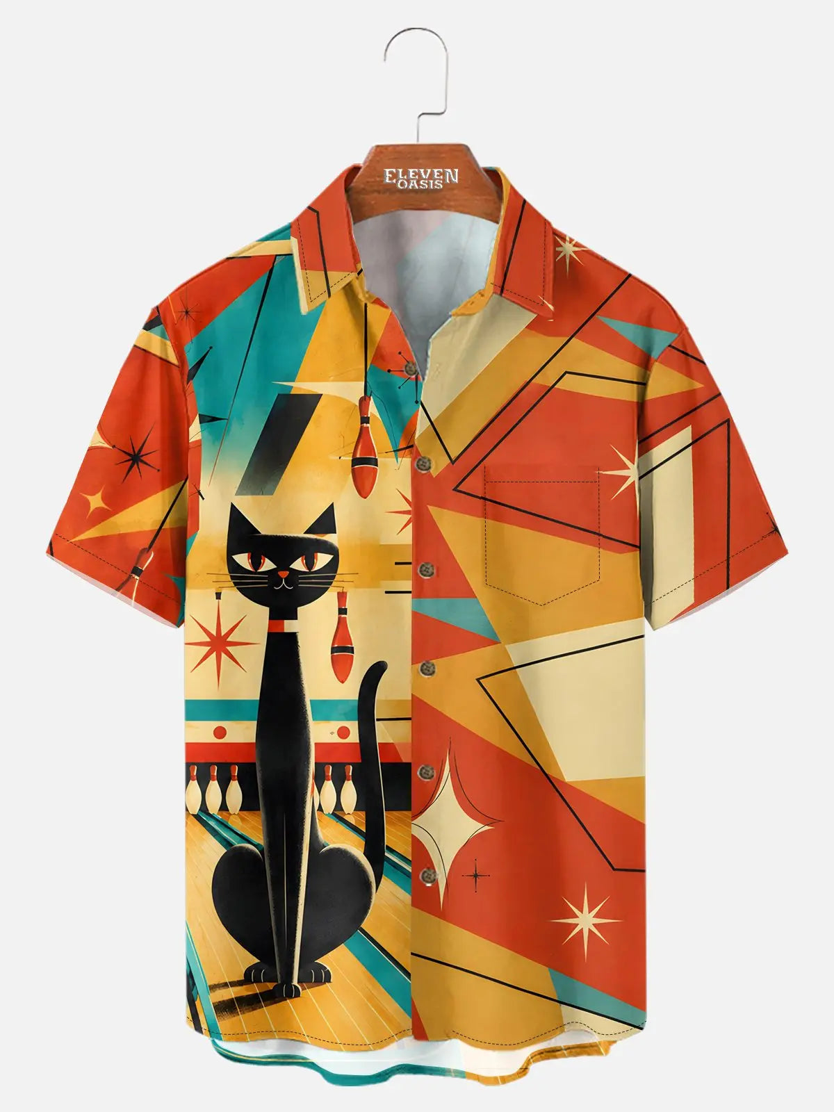 Tall Men's Mid-Century Atomic Cat Bowling Short Sleeve Shirt
