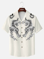 Men's Japanese White Tiger & Sakura Short Sleeve Shirt Eleven Oasis