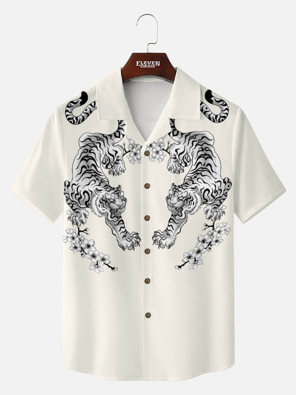 Men's Japanese White Tiger & Sakura Short Sleeve Shirt Eleven Oasis