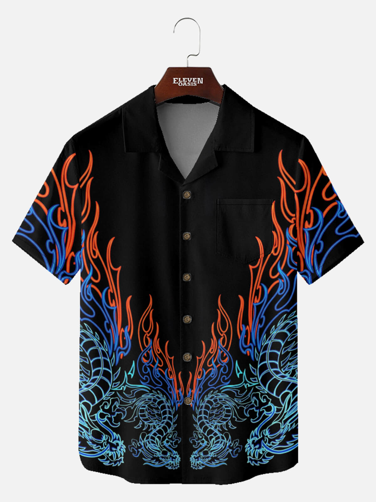 Tall Men's Chinese Dragon Neon Flames Short Sleeve Shirt Eleven Oasis