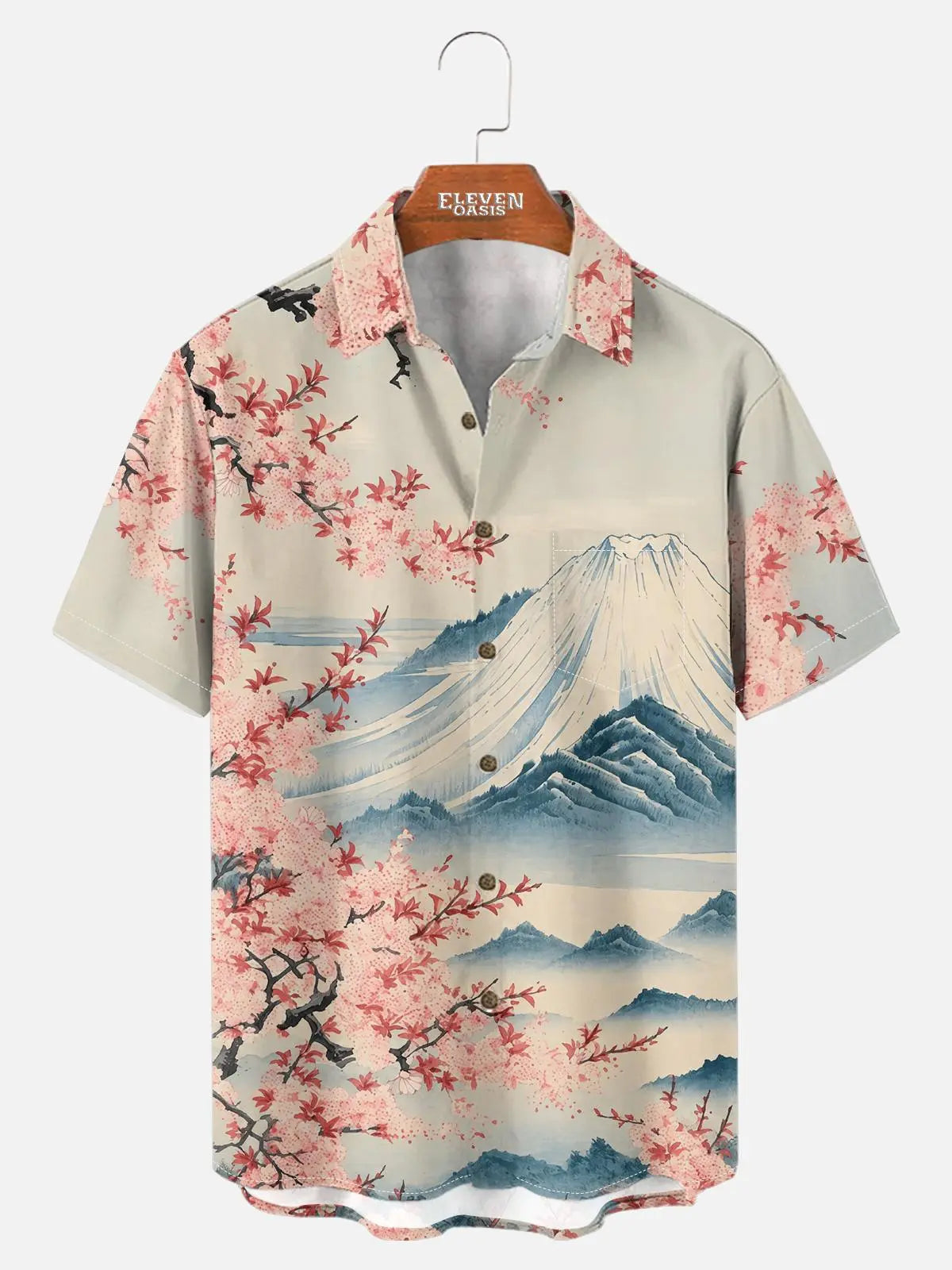 Men's Japan-Inspired Mt Fuji and Cherry Blossoms Short Sleeve Casual Shirt?