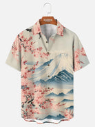 Men's Japan-Inspired Mt Fuji and Cherry Blossoms Short Sleeve Casual Shirt?