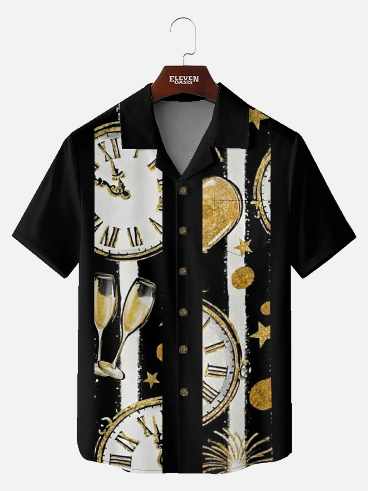Men's New Year Clock & Champagne Short Sleeve Shirt Eleven Oasis