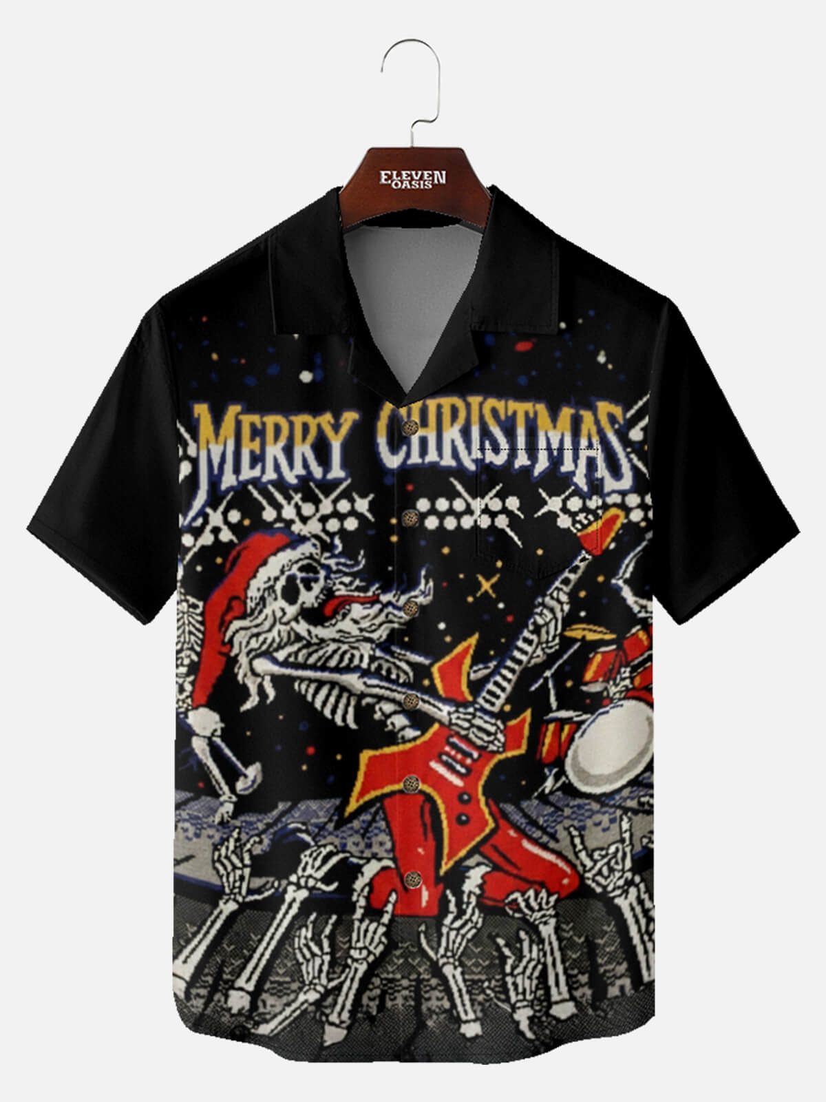 Tall Men's Rockin' Skeleton Santa Short Sleeve Shirt Eleven Oasis