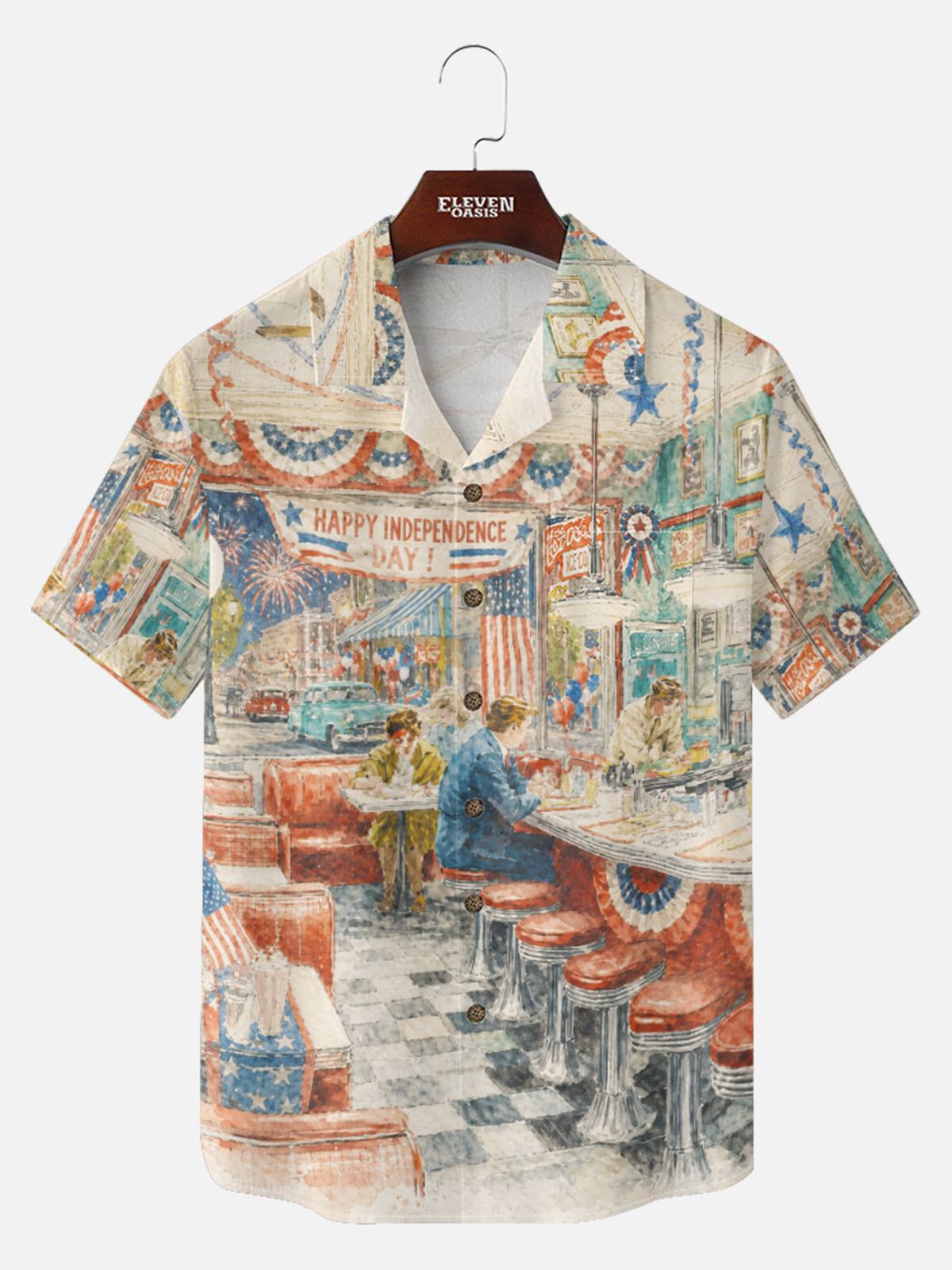 Men's Vintage Diner Independence Day Short Sleeve Shirt ElevenOasis