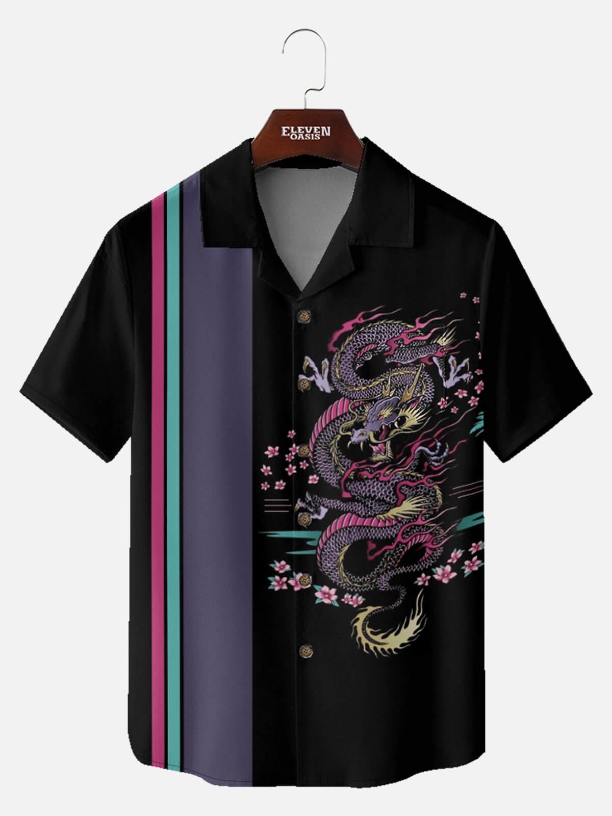 Men's Japanese Dragon & Sakura Panel Short Sleeve Shirt Eleven Oasis