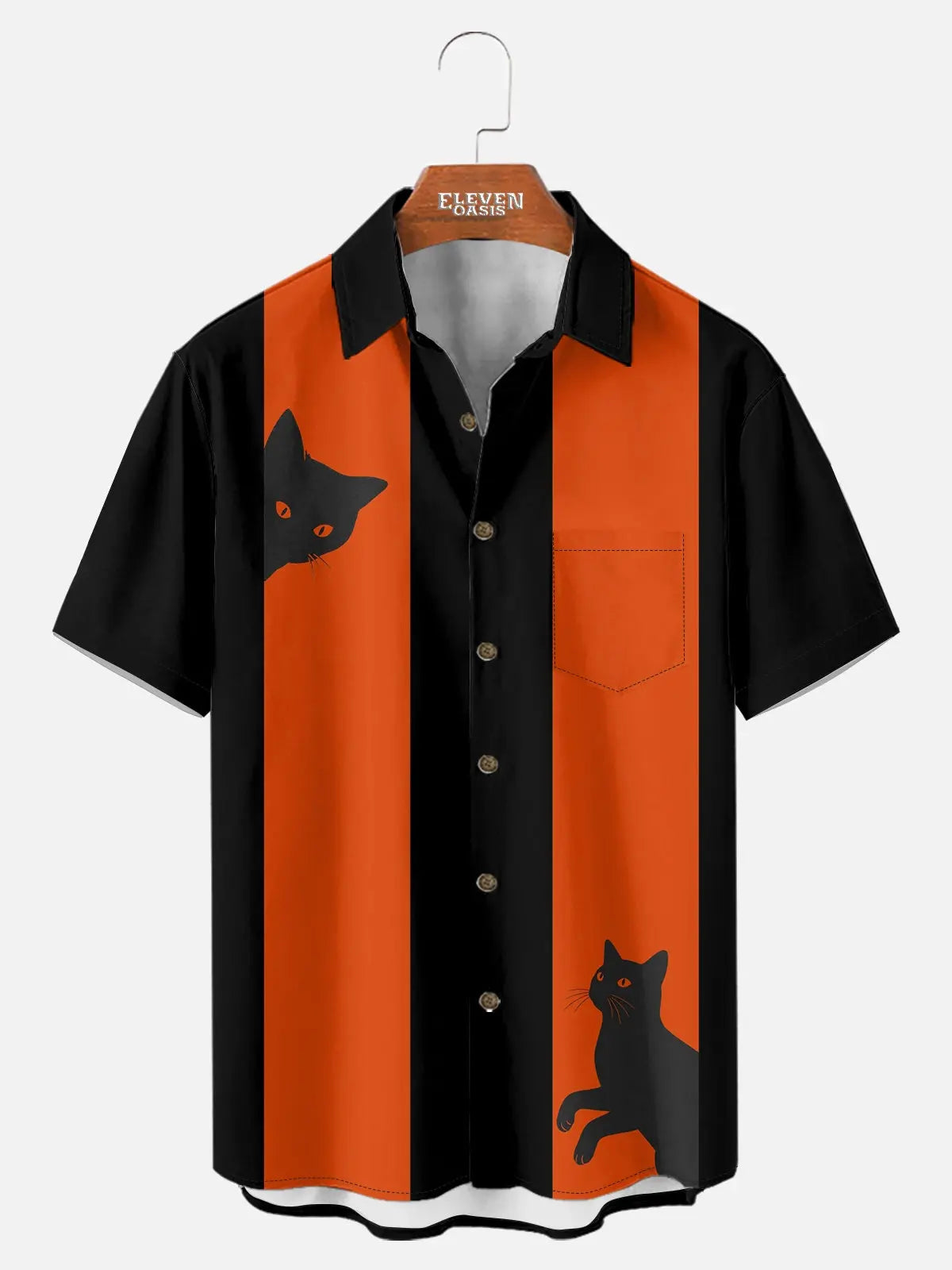 Tall Men's Black Cat Halloween Bowling Style Short Sleeve Shirt Eleven Oasis