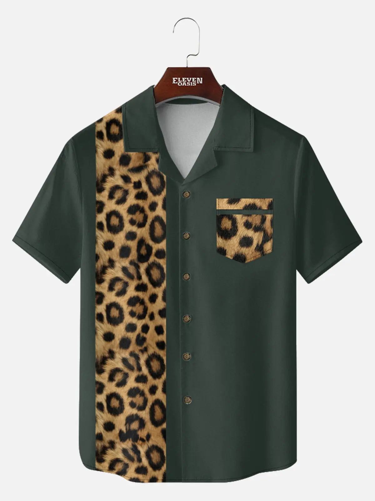 Men's Leopard Print Panel Camp Collar Bowling Short Sleeve Shirt ElevenOasis