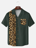 Men's Leopard Print Panel Camp Collar Bowling Short Sleeve Shirt ElevenOasis