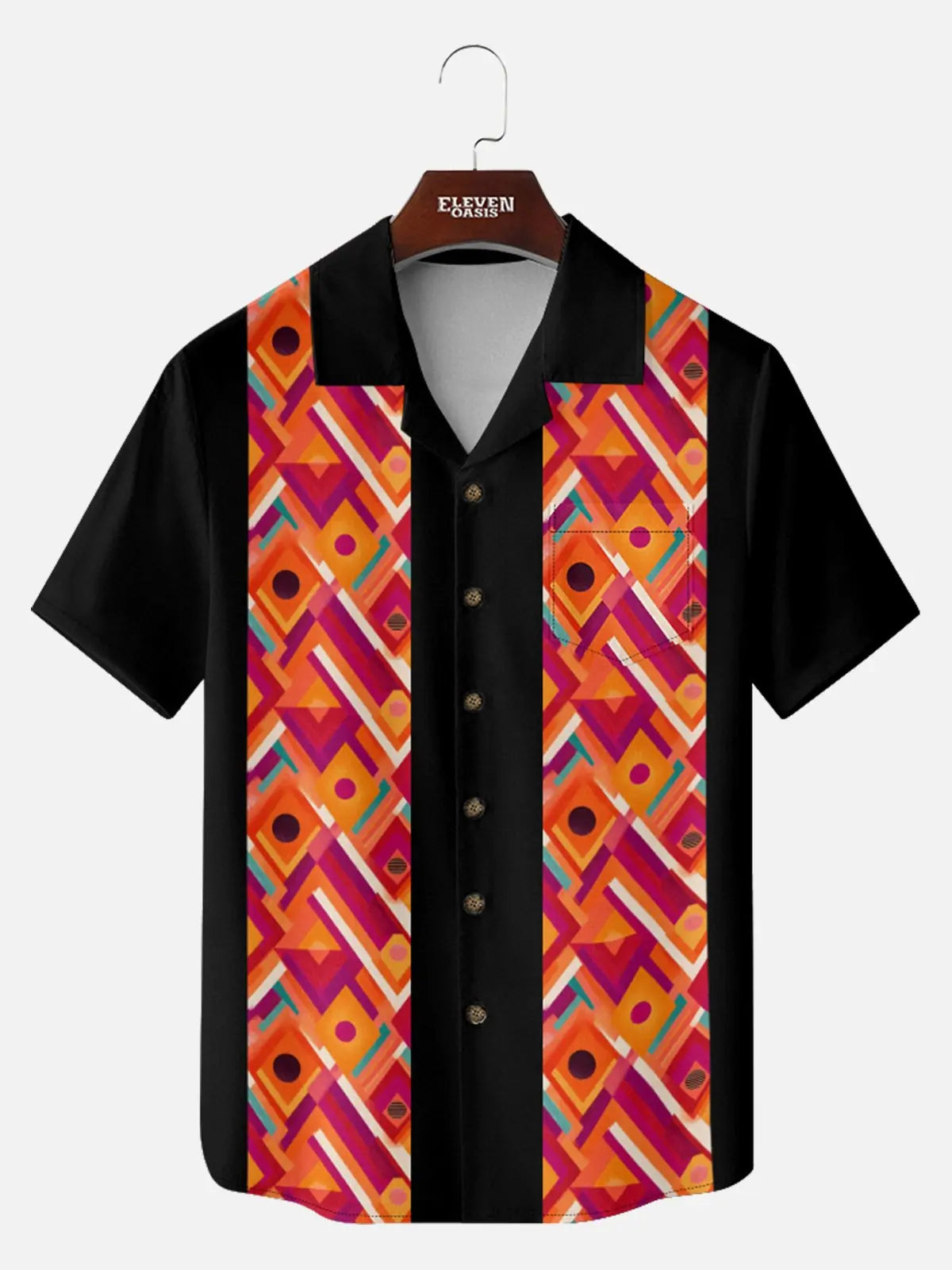 Tall Men's Retro Geometric Panel Bowling Short Sleeve Shirt Eleven Oasis