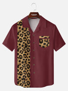 Men's Leopard Print Panel Camp Collar Bowling Short Sleeve Shirt ElevenOasis
