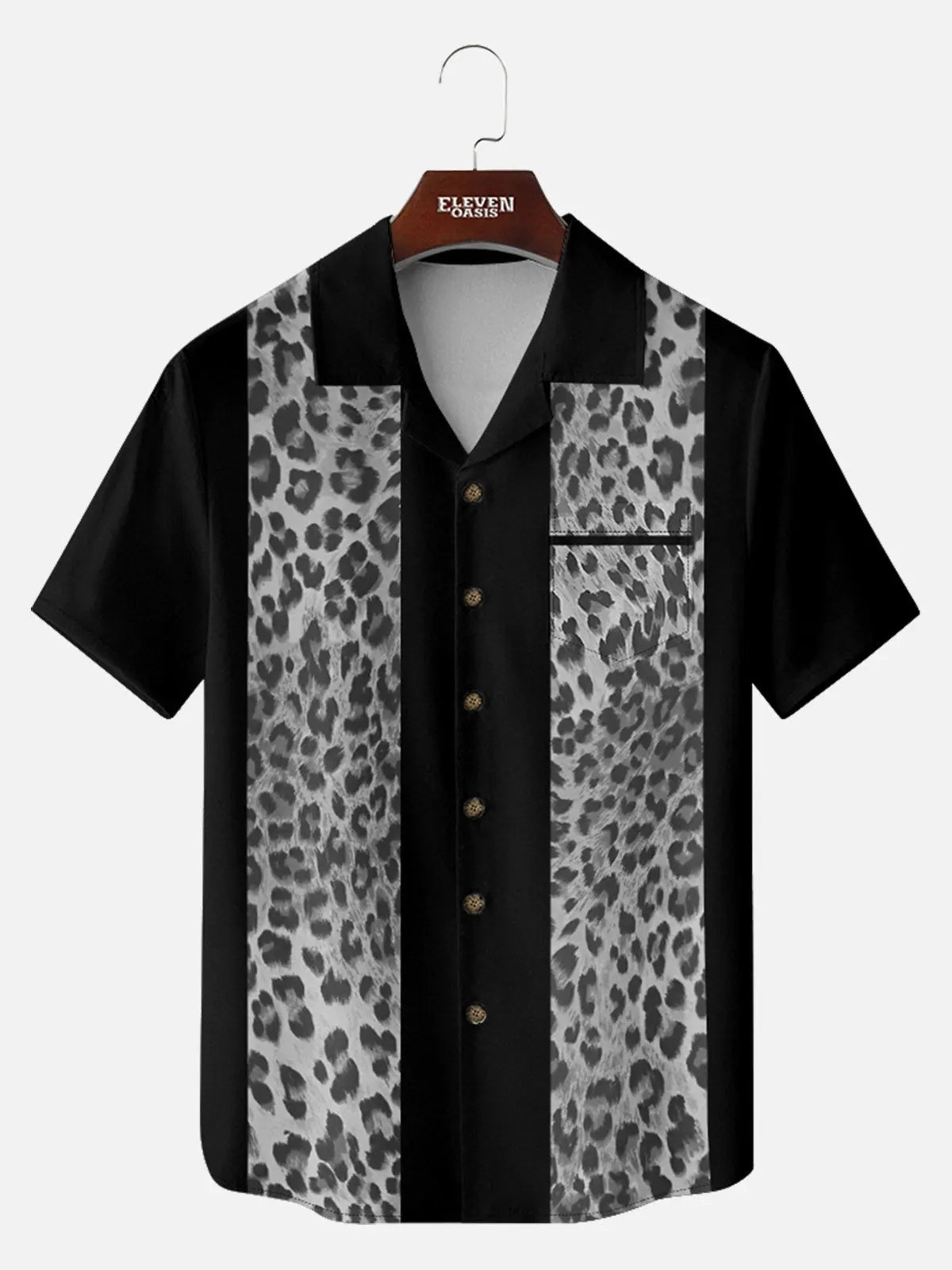 Men's Leopard Print Panel Bowling Short Sleeve Shirt 