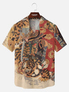 Tall Men's Japanese Samurai & Tiger Ukiyo-e Short Sleeve Shirt Eleven Oasis