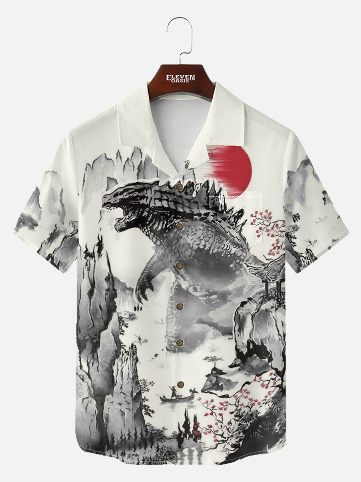 Tall Men's Japanese Ink-Style Godzilla Landscape Short Sleeve Shirt Eleven Oasis