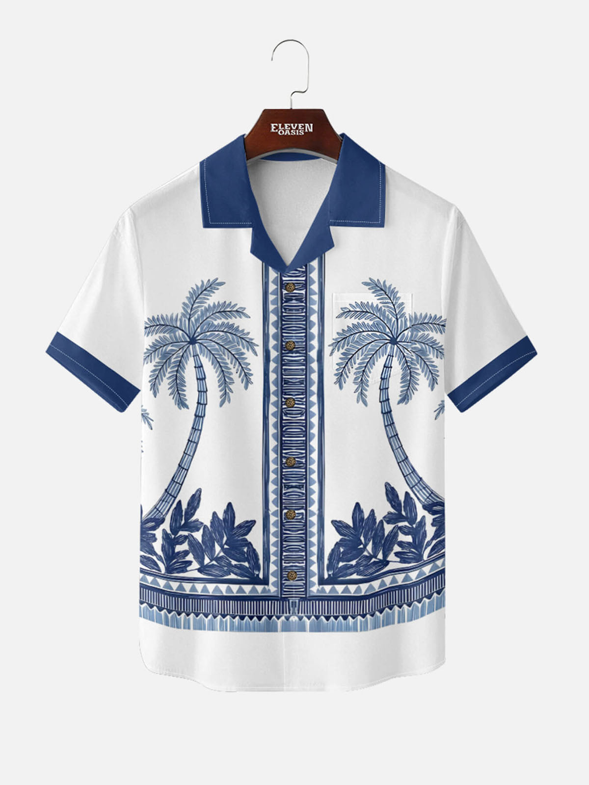 Men's Blue Palm Tile Panel Short Sleeve Shirt Eleven Oasis