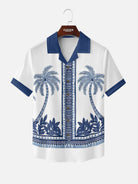 Men's Blue Palm Tile Panel Short Sleeve Shirt Eleven Oasis