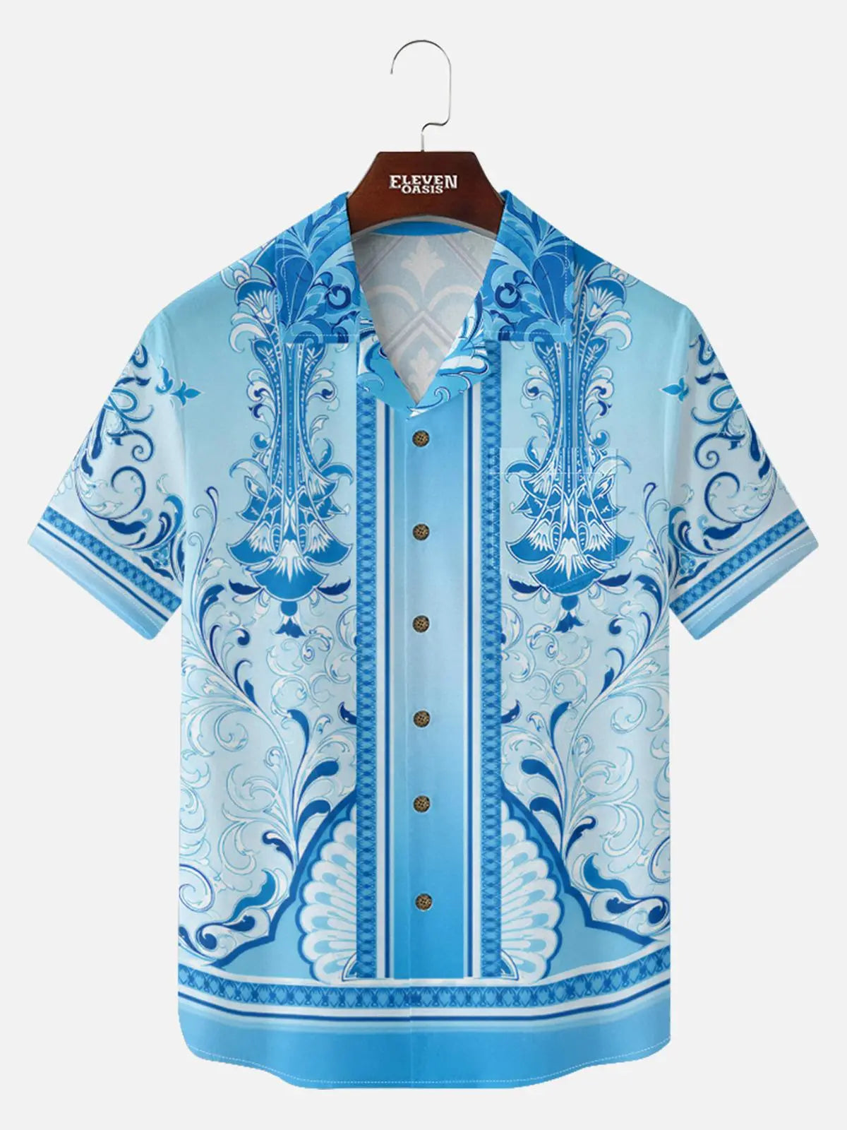 Men's Baroque Scrollwork Panel Camp Collar Short Sleeve Shirt Eleven Oasis