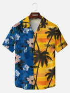 Tall Men's Split Floral Palm Sunset Camp Collar Short Sleeve Shirt Eleven Oasis