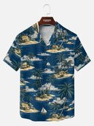 Men's Tropical Island Sailboat Camp Collar Short Sleeve Shirt ElevenOasis
