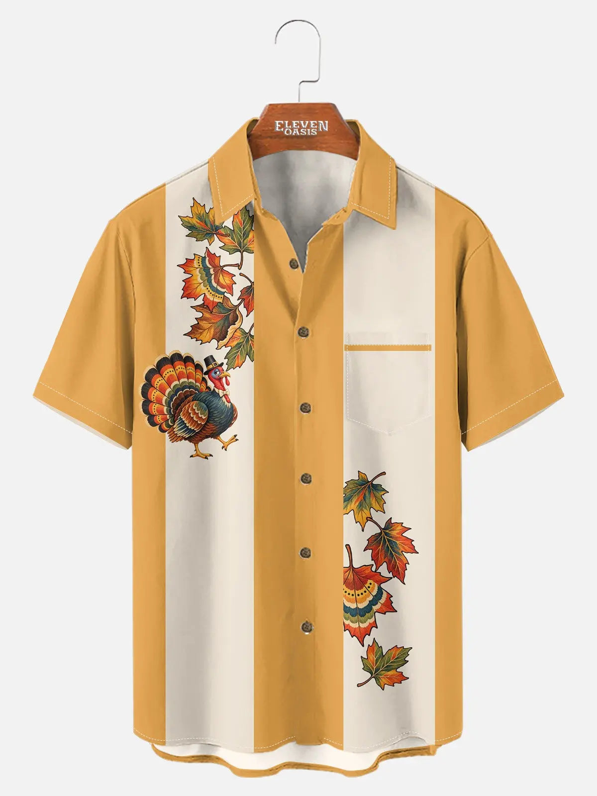 Men's Thanksgiving Turkey and Fall Leaves Panel Short Sleeve Shirt