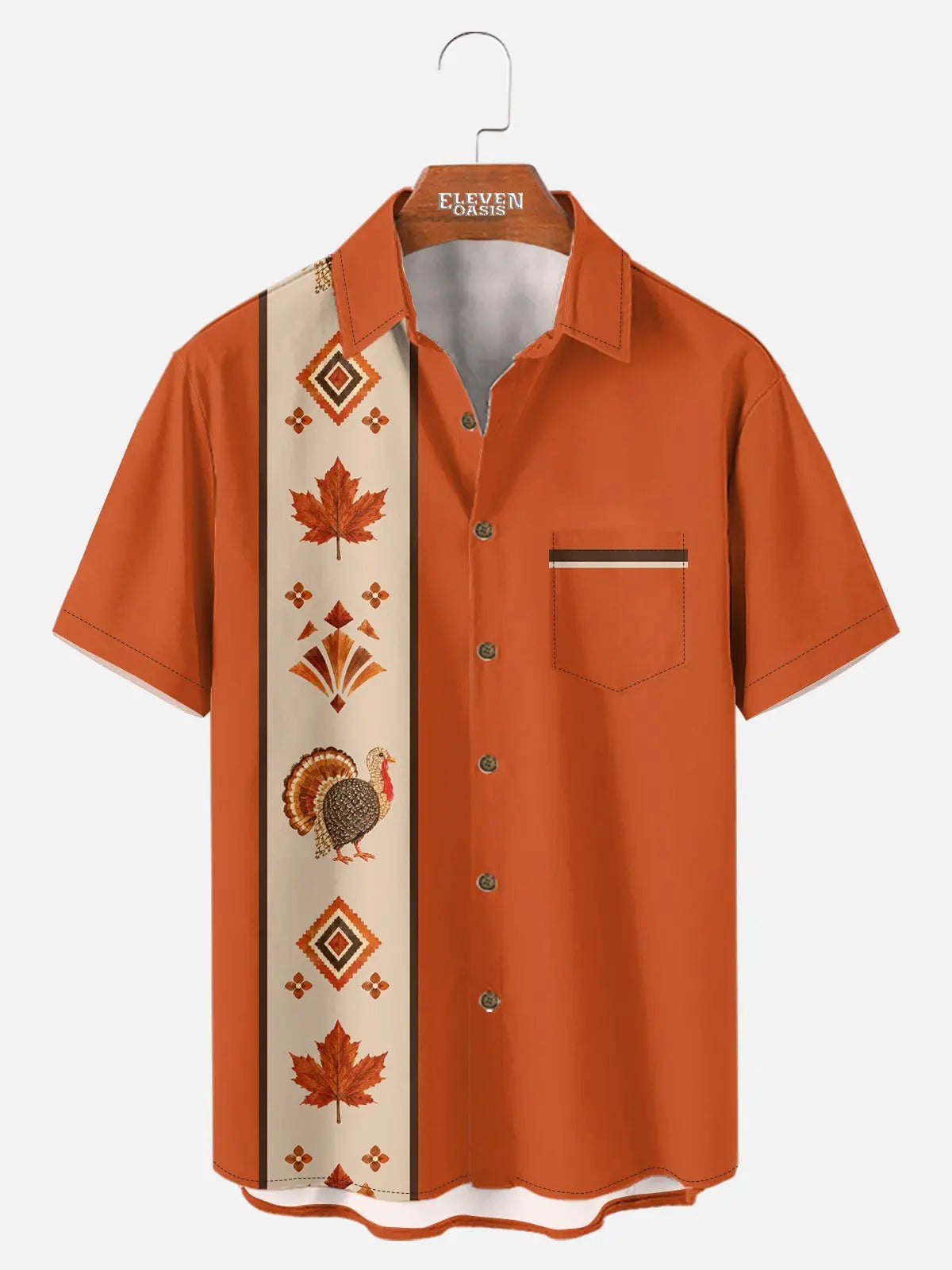 Tall Men's Thanksgiving Turkey and Maple Leaf Panel Short Sleeve Shirt