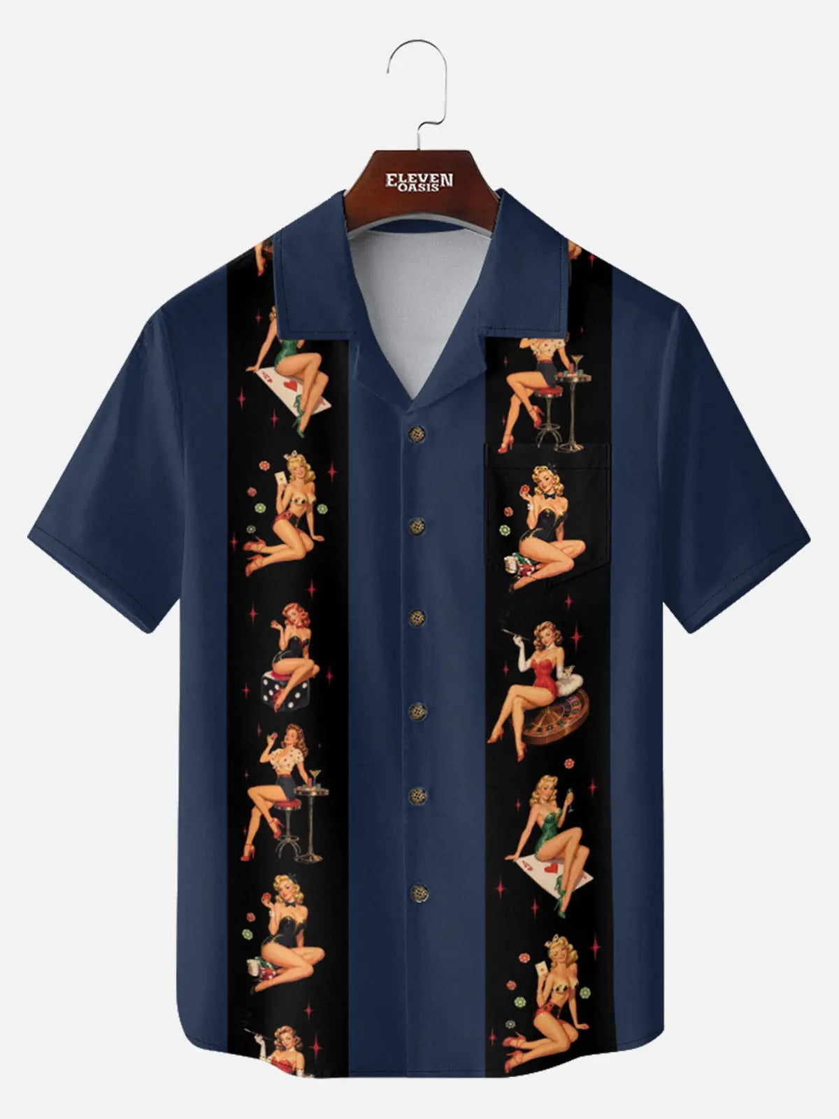 Men's Pin-Up Poker Night Bowling Short Sleeve Shirt ElevenOasis