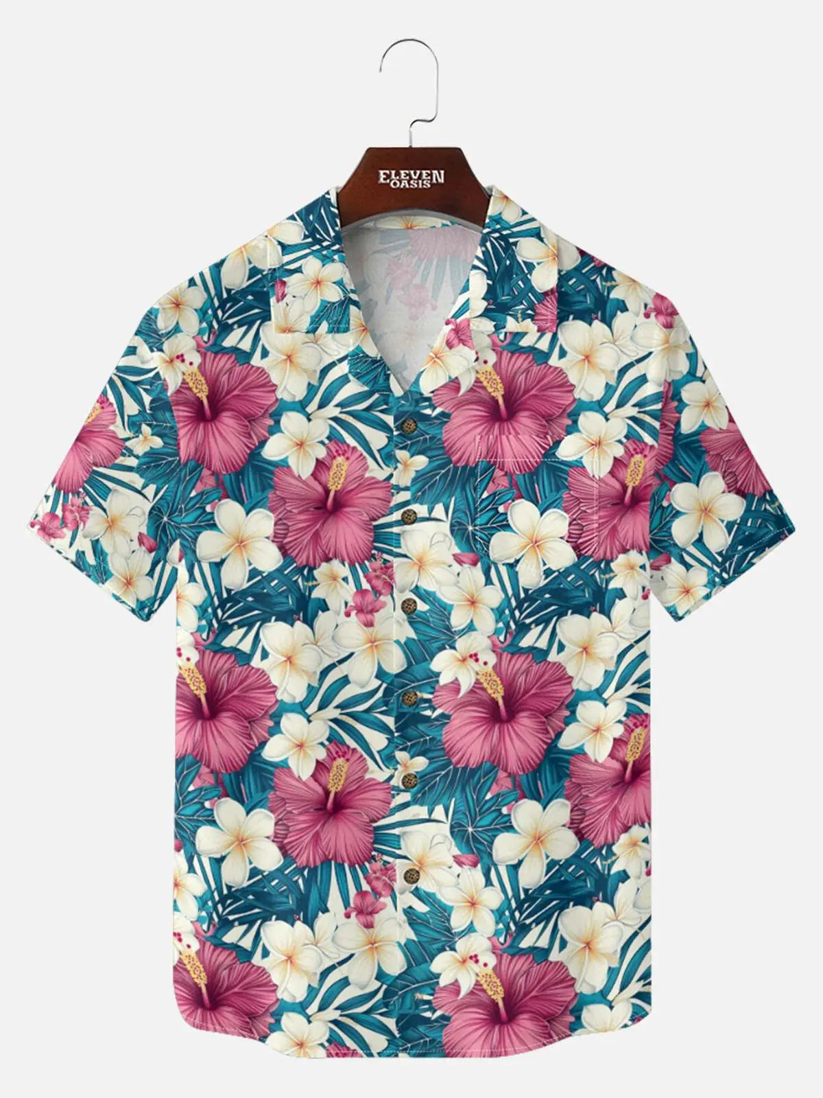 Tall Men's Hibiscus and Plumeria Short Sleeve Shirt Eleven Oasis