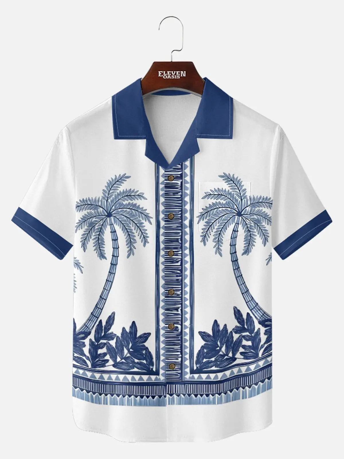 Men's Blue Palm Tile Panel Short Sleeve Shirt ElevenOasis
