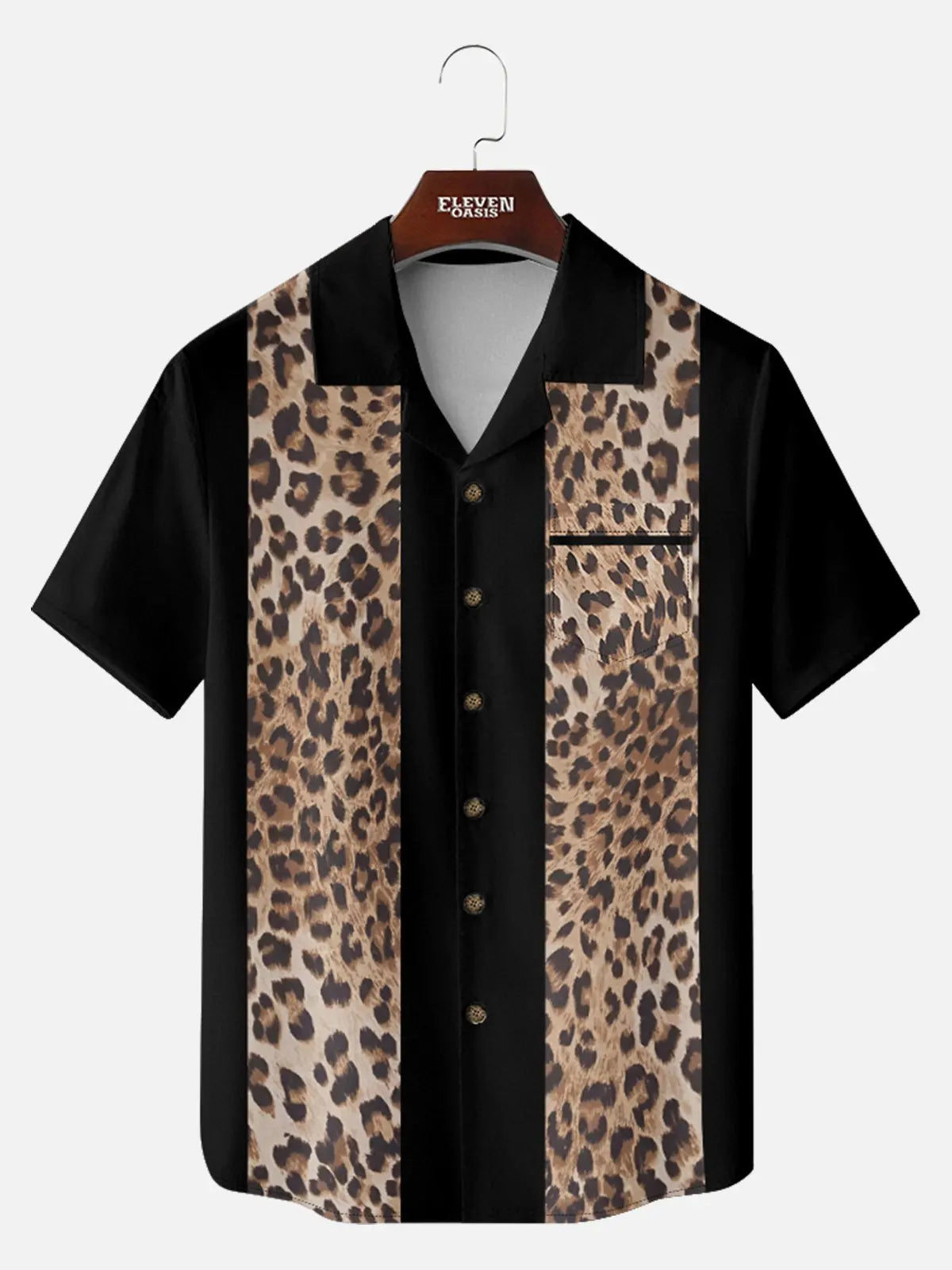 Men's Leopard Print Panel Bowling Short Sleeve Shirt 