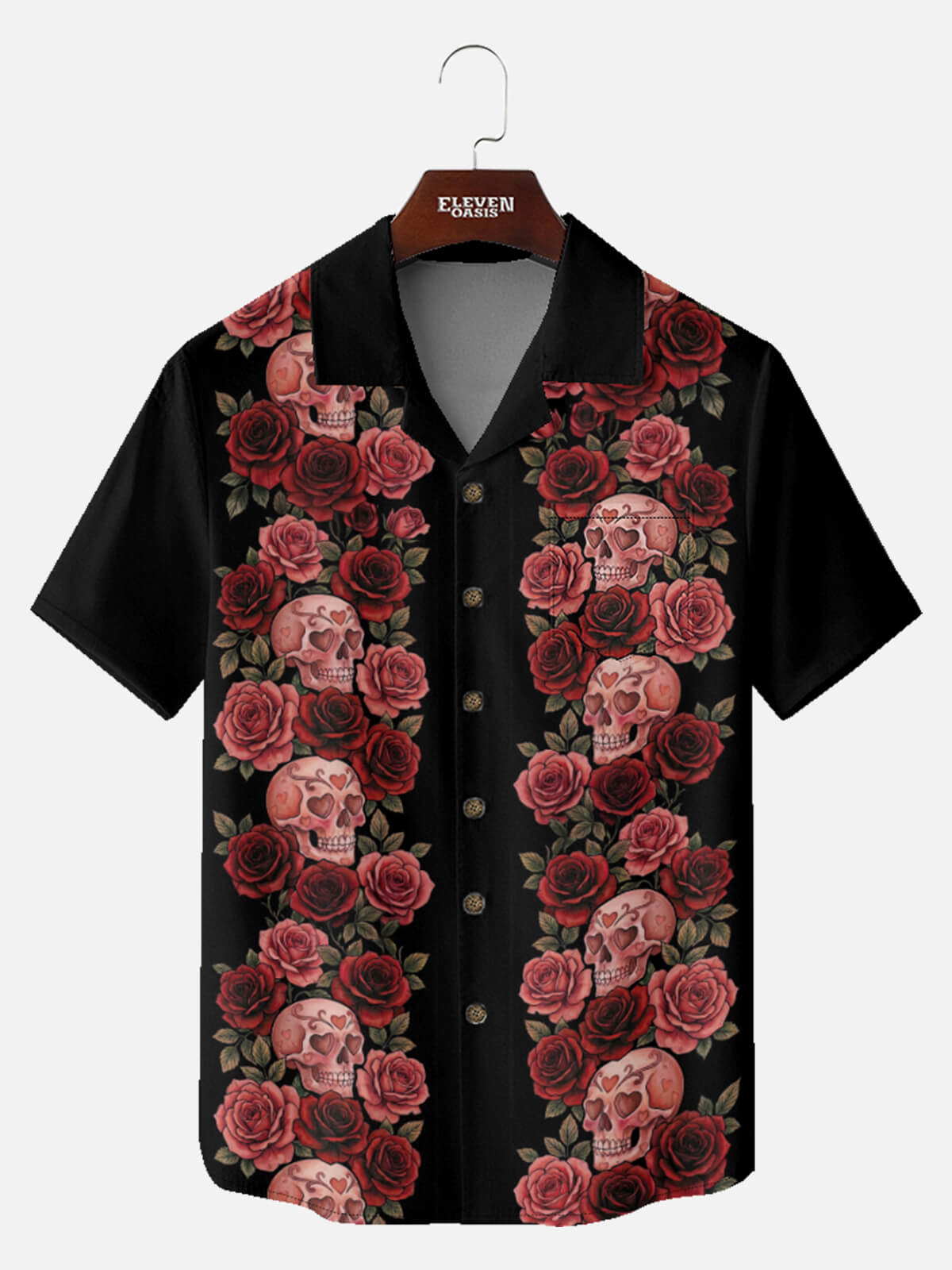 Men's Skull Rose Panel Short Sleeve Shirt Eleven Oasis