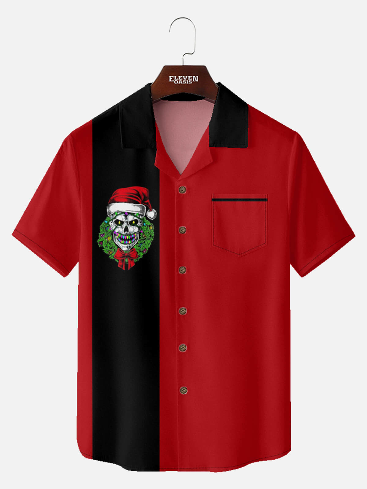Tall Men's Christmas Gothic Skull Wreath Black & Red Retro Short Sleeve Shirt Eleven Oasis