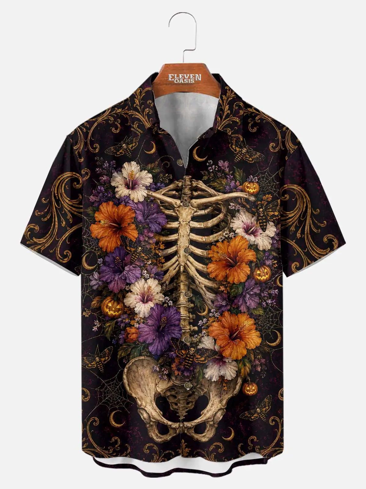 Tall Men's Floral Skeleton Halloween Short Sleeve Shirt Eleven Oasis