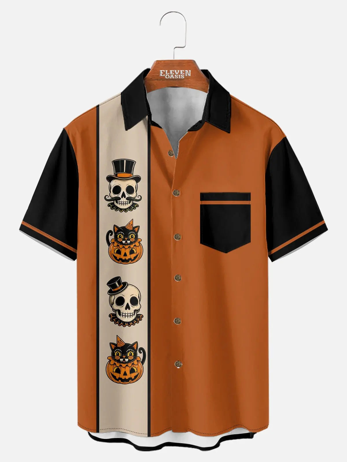 Tall Men's Vintage Skull and Pumpkin Halloween Short Sleeve Shirt Eleven Oasis