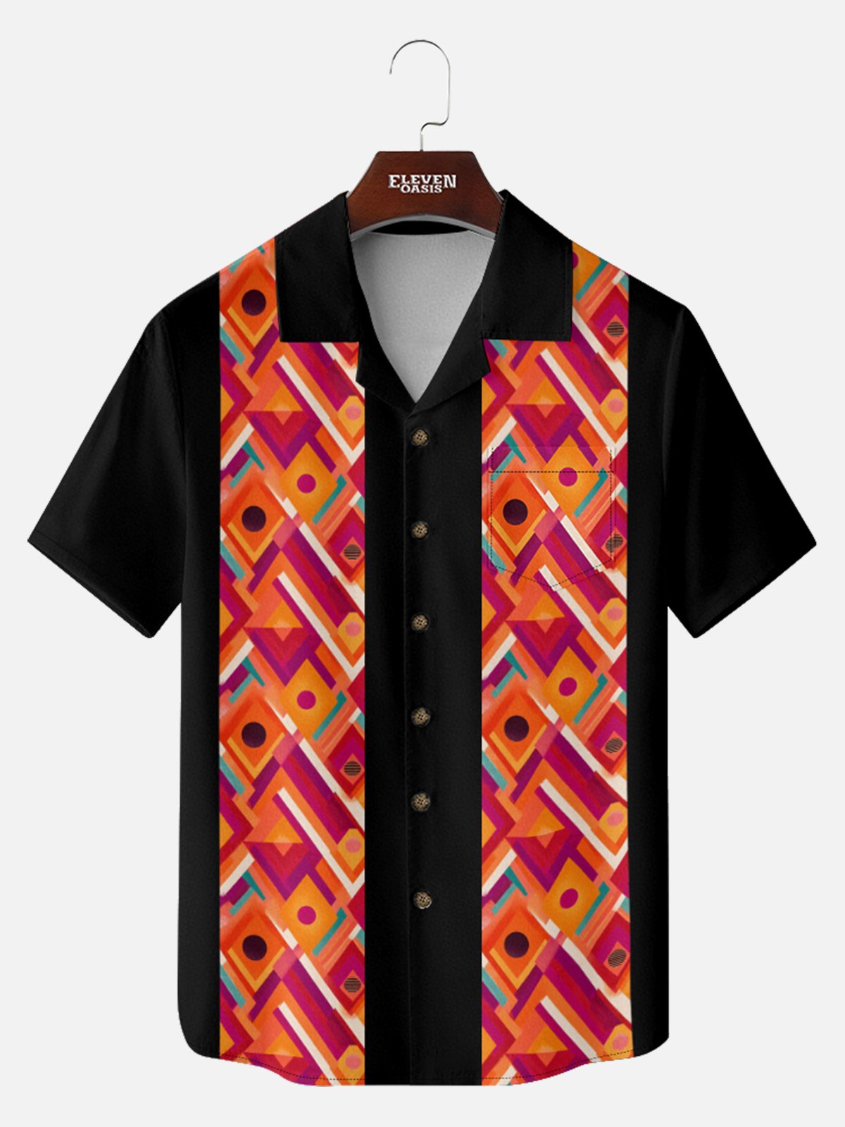 Men's Retro Geometric Panel Bowling Short Sleeve Shirt Eleven Oasis