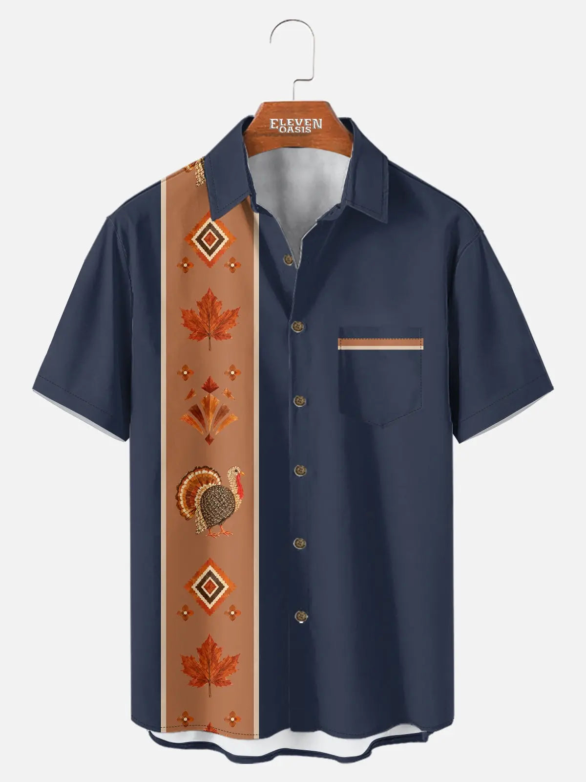Men's Thanksgiving Turkey and Maple Leaf Panel Short Sleeve Shirt