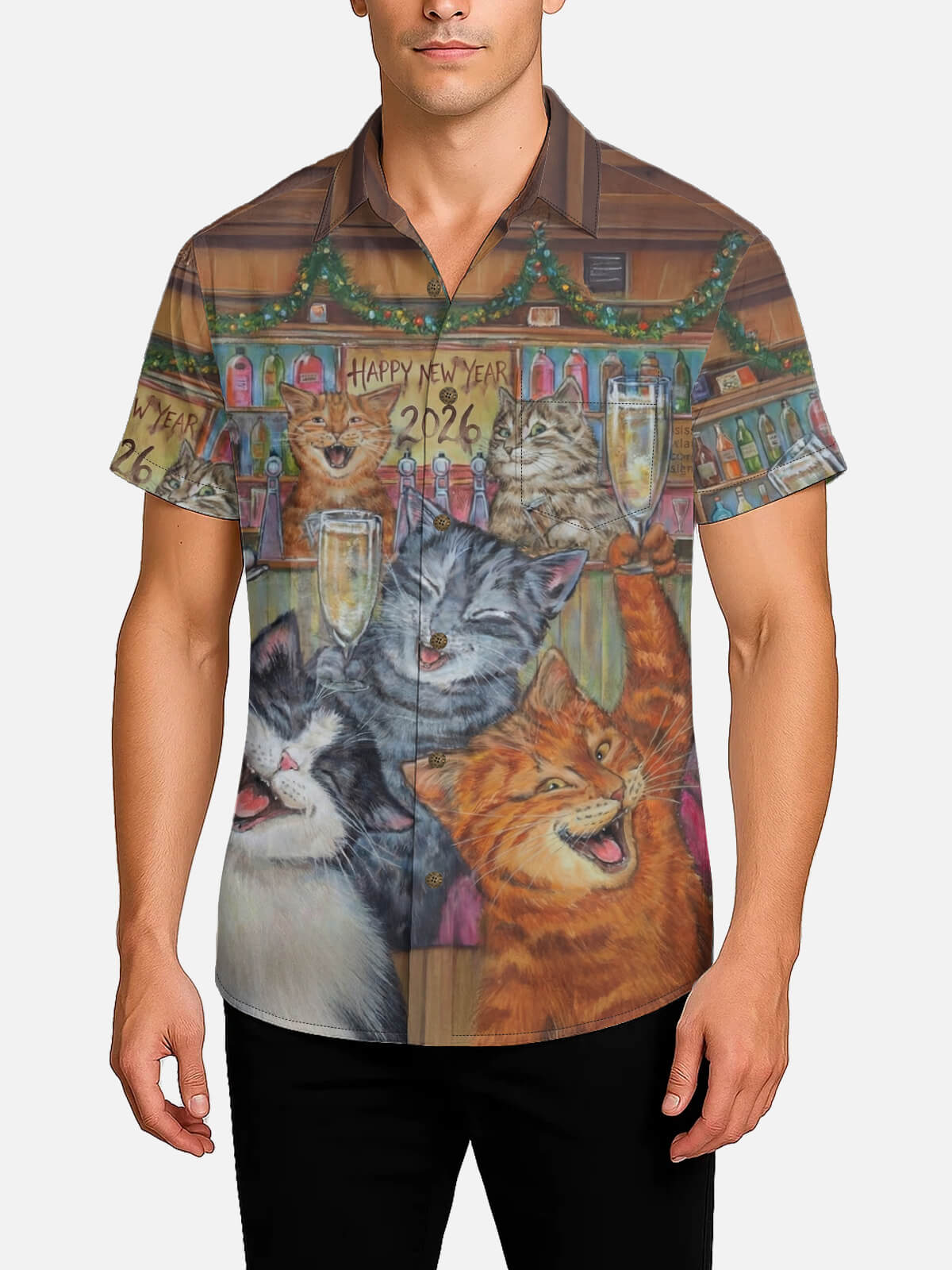 Tall Men's New Year Party Cats Short Sleeve Shirt Eleven Oasis