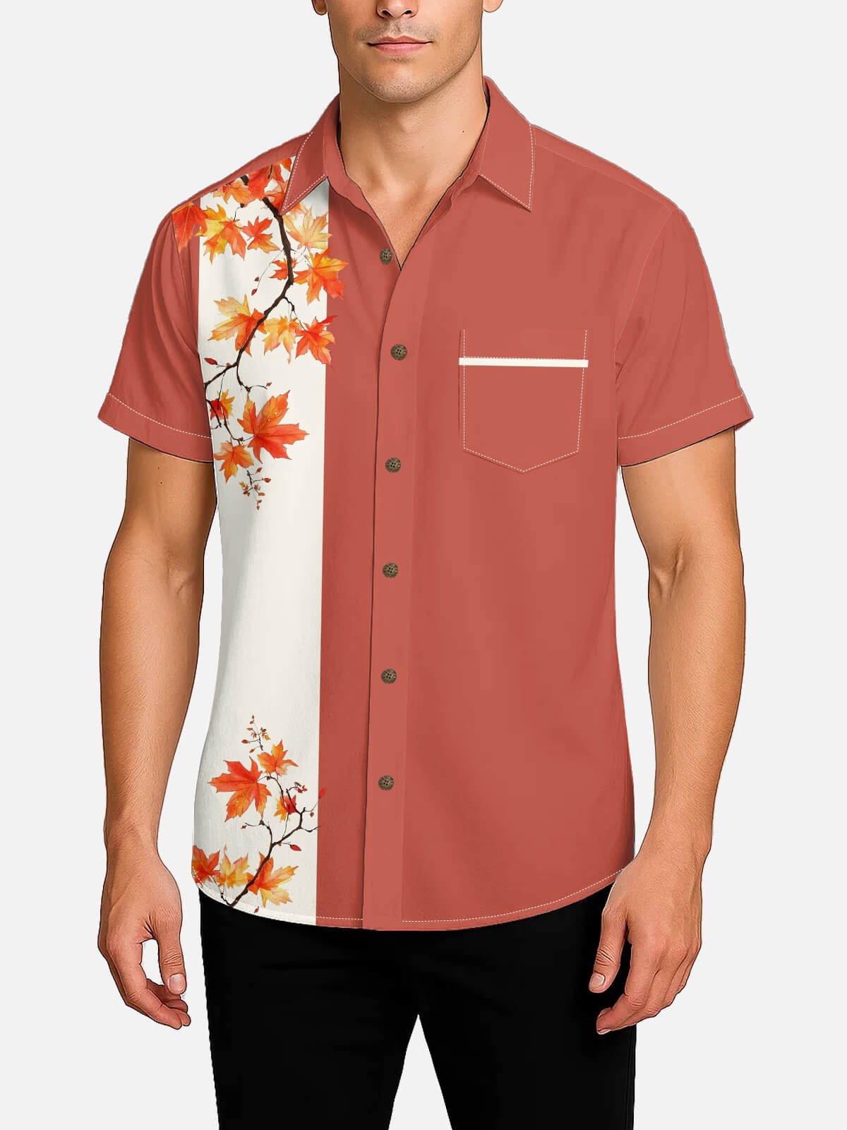 Tall Men's Fall Maple Branch Panel Short Sleeve Shirt Eleven Oasis