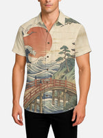 Men's Japanese Bridge & Crane Landscape Camp Collar Short Sleeve Shirt Eleven Oasis