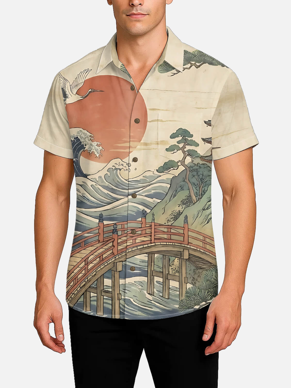 Men's Japanese Bridge & Crane Landscape Camp Collar Short Sleeve Shirt Eleven Oasis