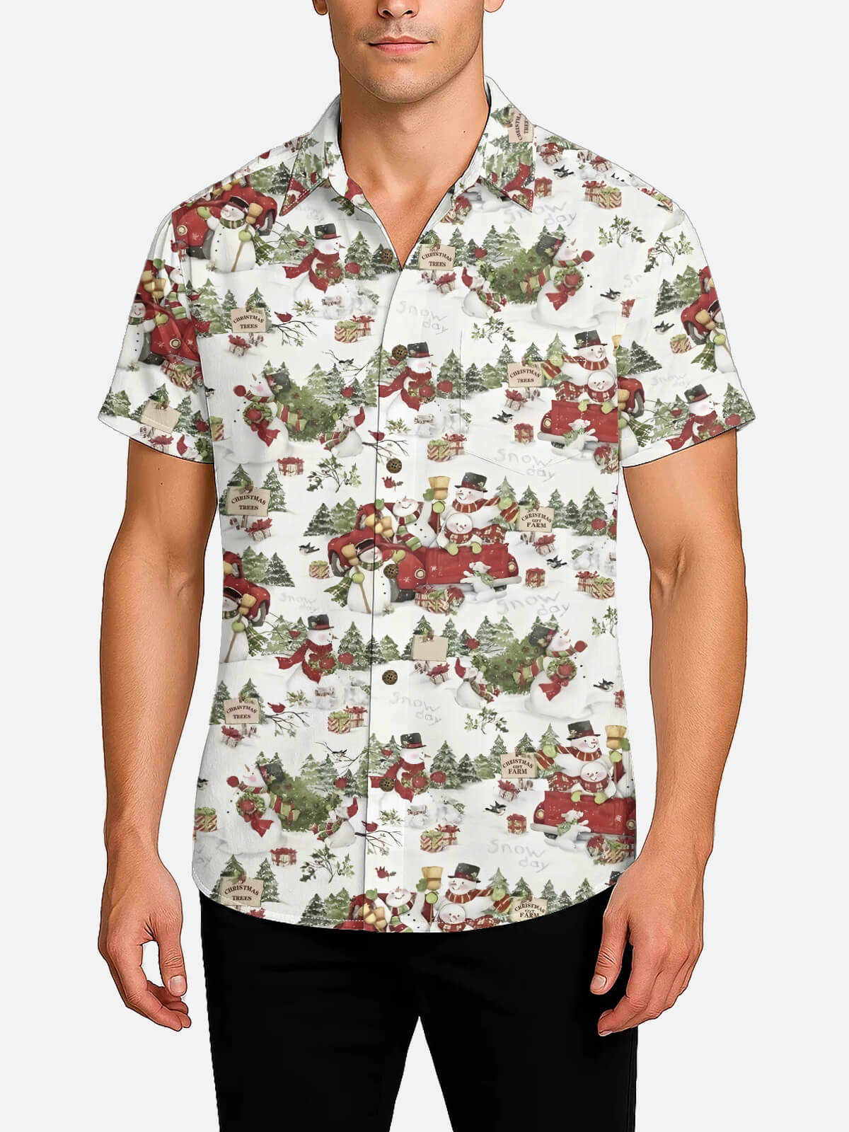 Men's Classic Snowman Holiday All-Over Print Short Sleeve Shirt Eleven Oasis