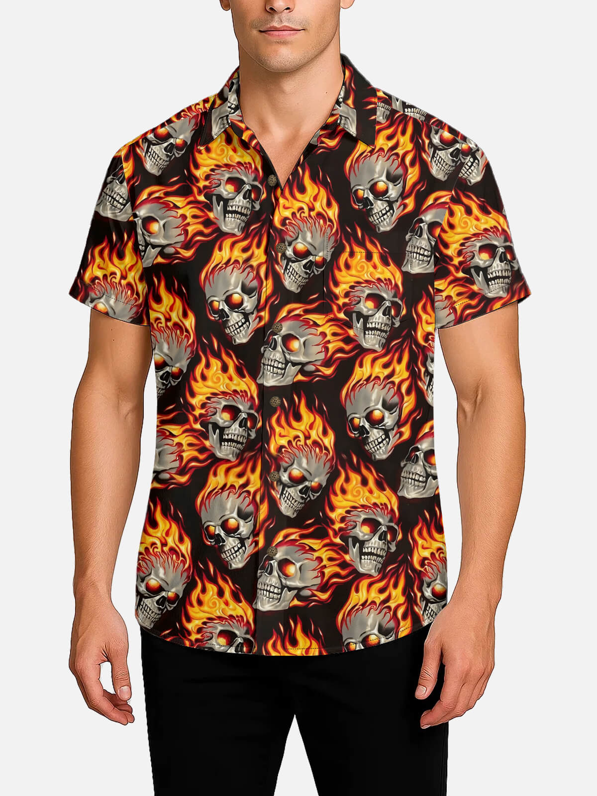 Men's Flaming Skull Halloween Short Sleeve Shirt Eleven Oasis