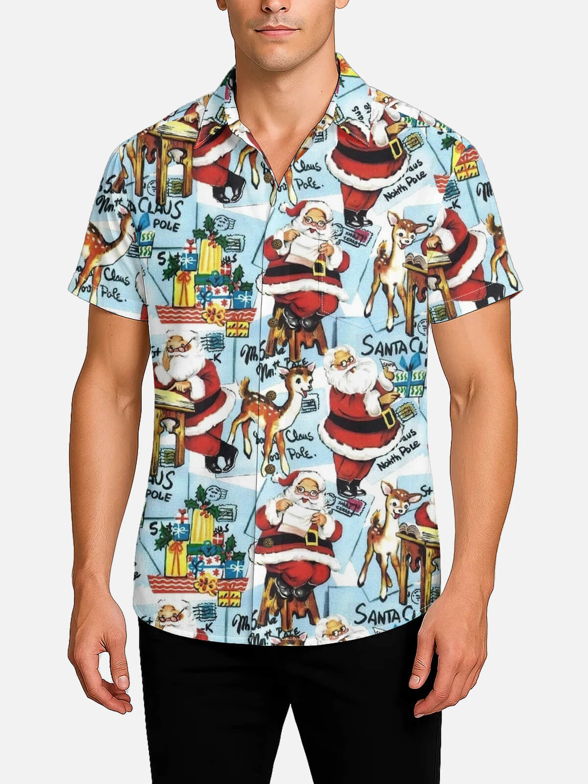 Men's Vintage Santa & Reindeer Christmas Short Sleeve Shirt ElevenOasis